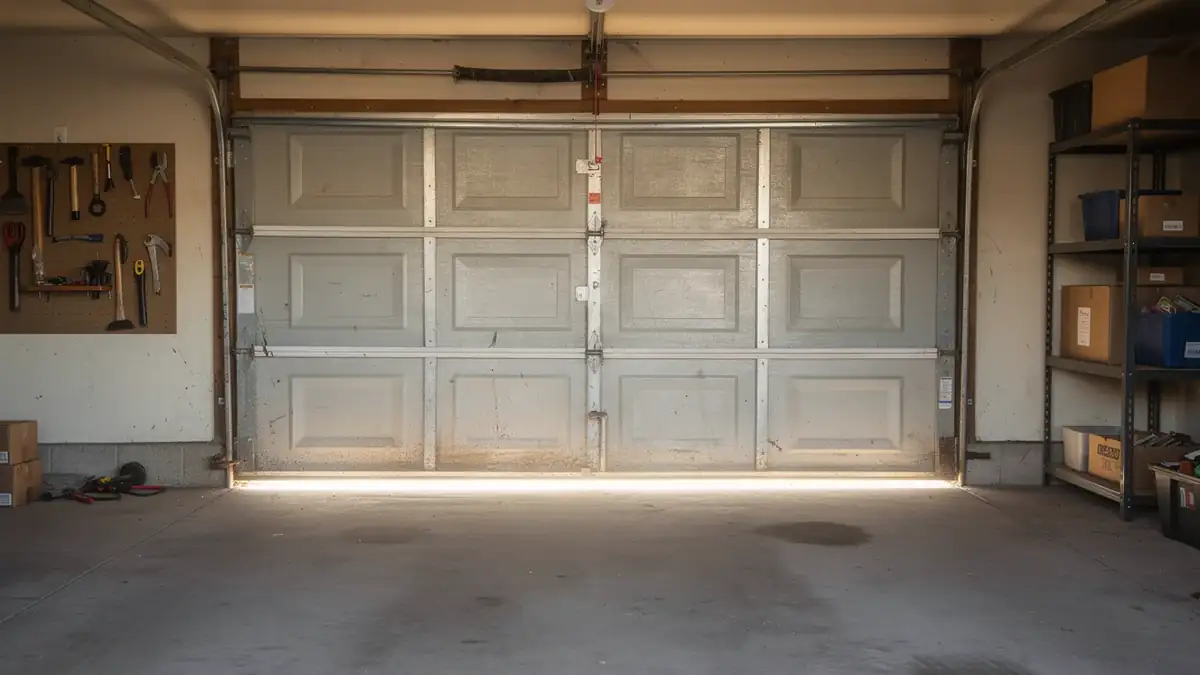 A closed garage door with a torsion spring is visible from inside a garage.