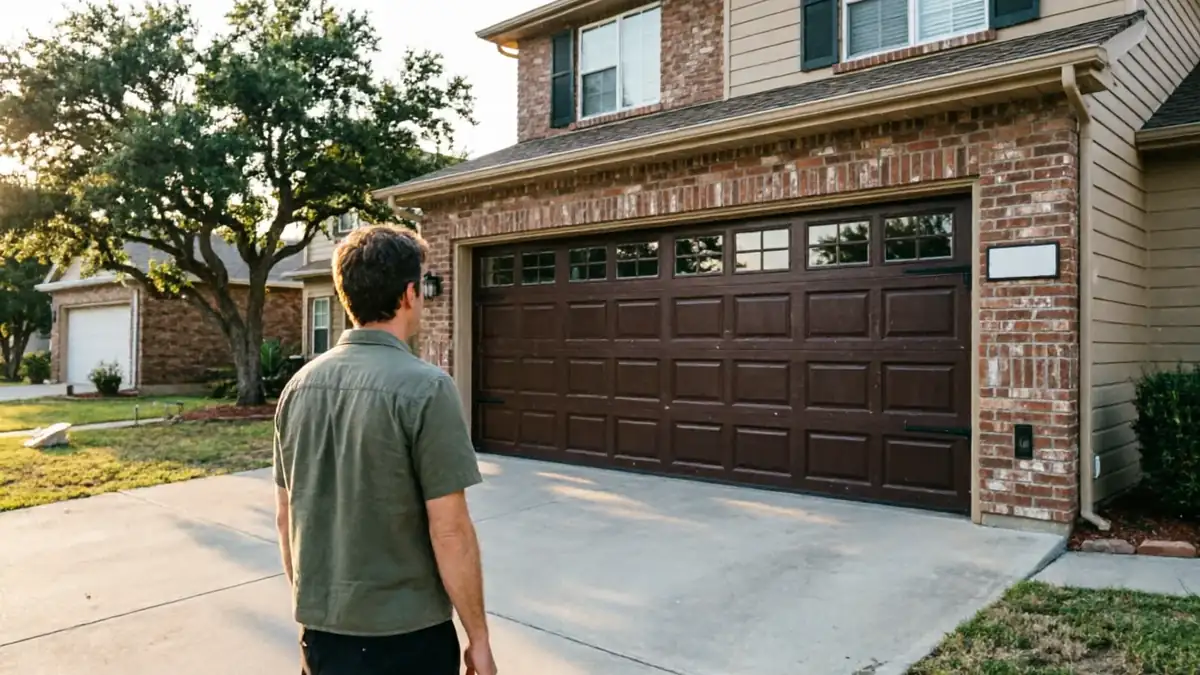 A man stands in a driveway looking at a brown garage door on a brick house.