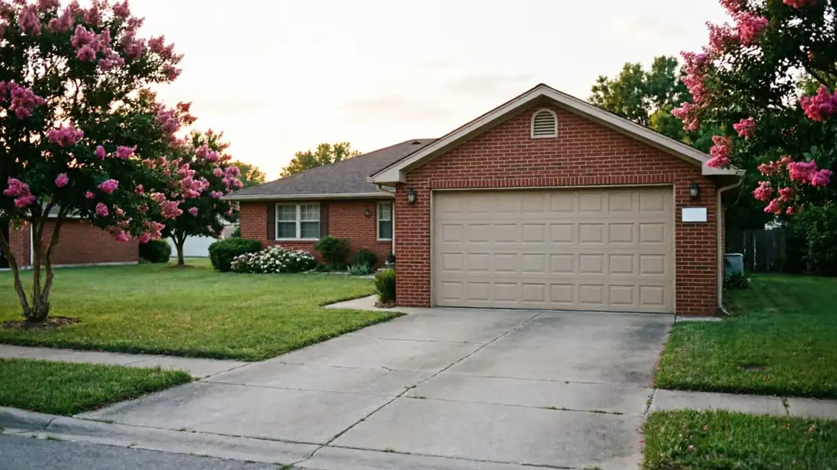 A brick house with a tan garage door and a concrete driveway.