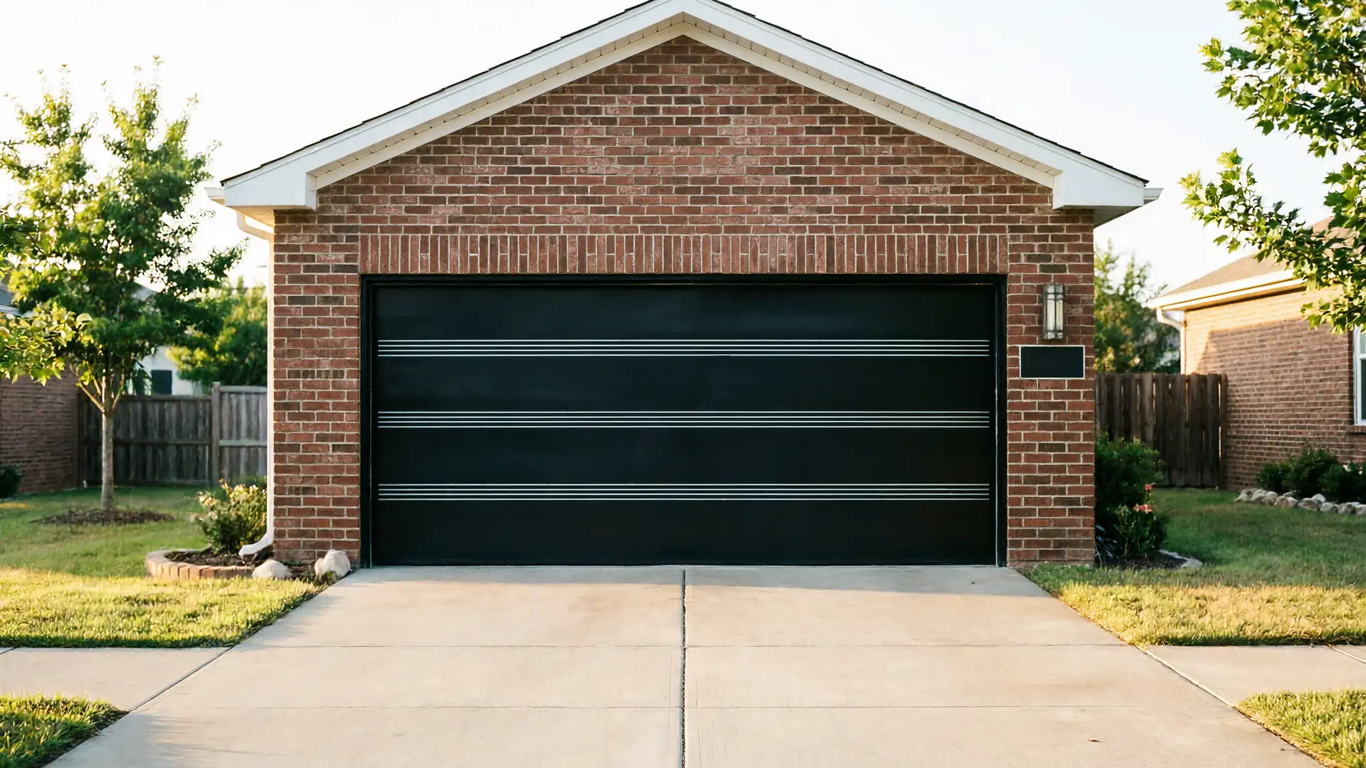 The house has a black garage door with horizontal white lines and a brick facade.