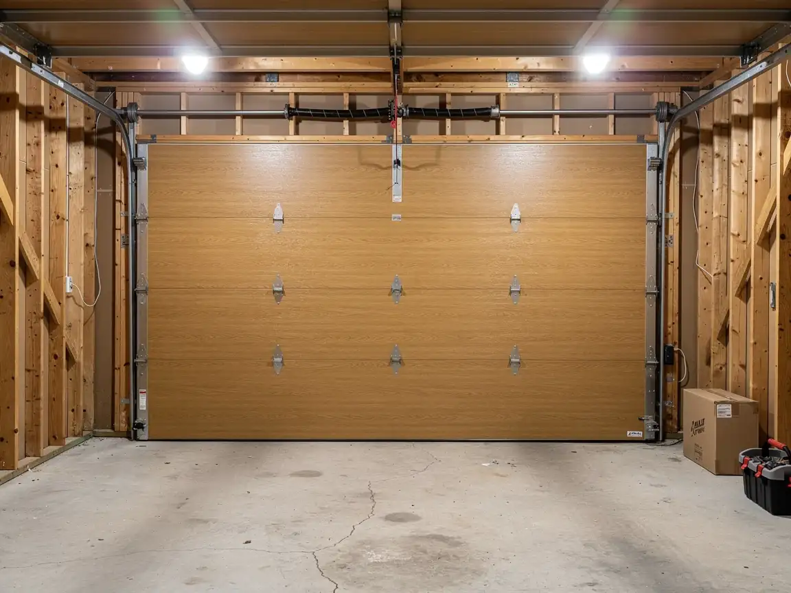 A closed light brown garage door with a torsion spring and tracks.
