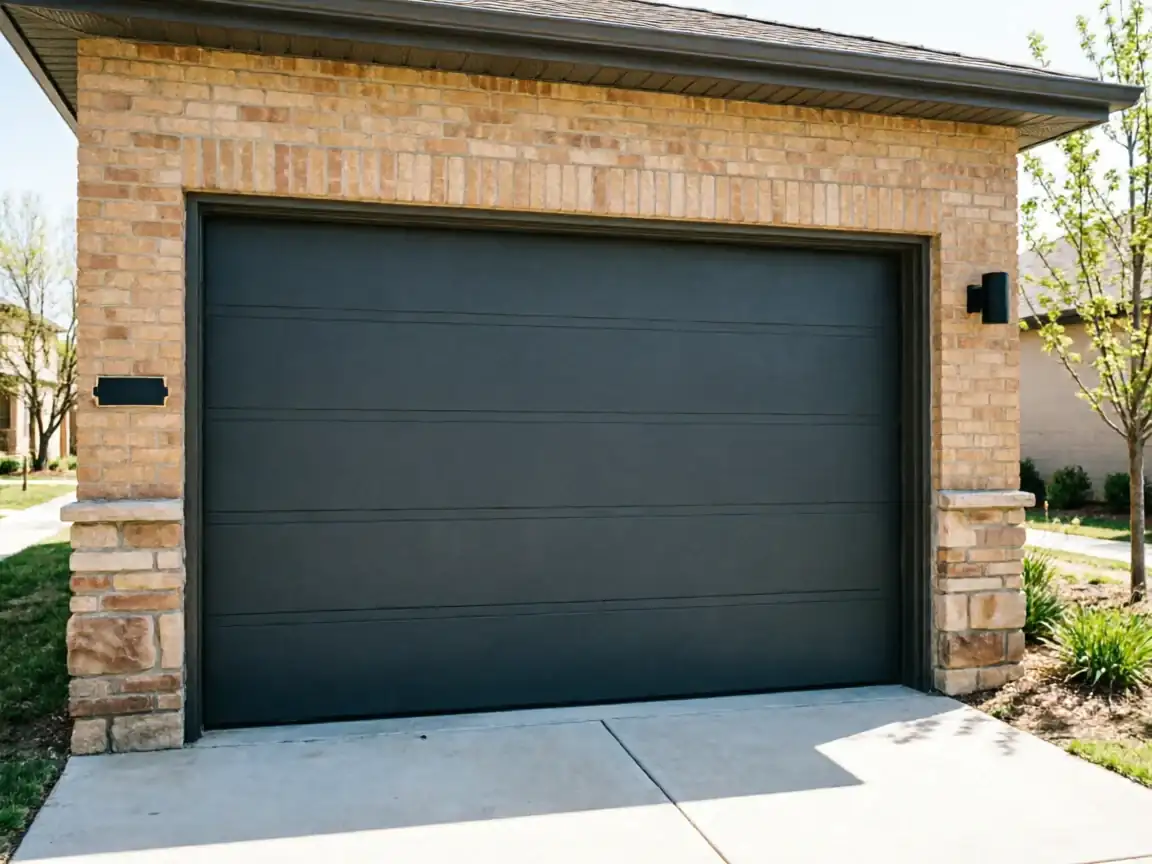 A dark gray garage door is set into a brick and stone house.