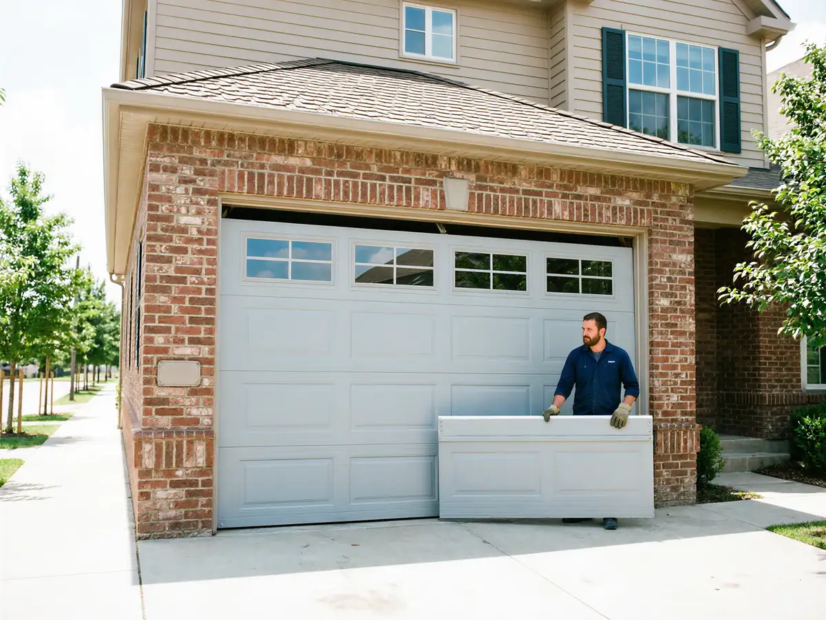 A technician installs a light gray garage door on a brick house.