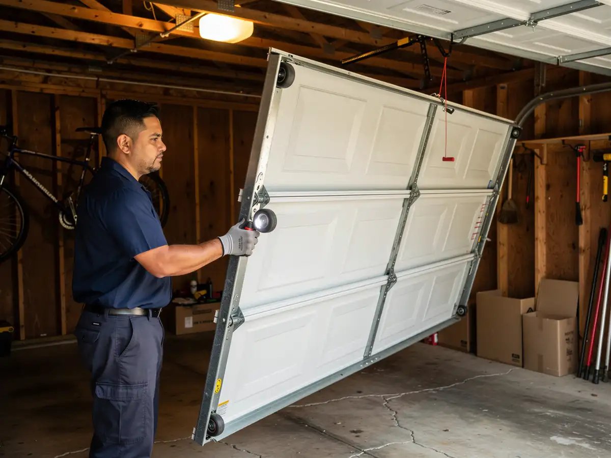 A technician holds a flashlight while working on a white garage door.