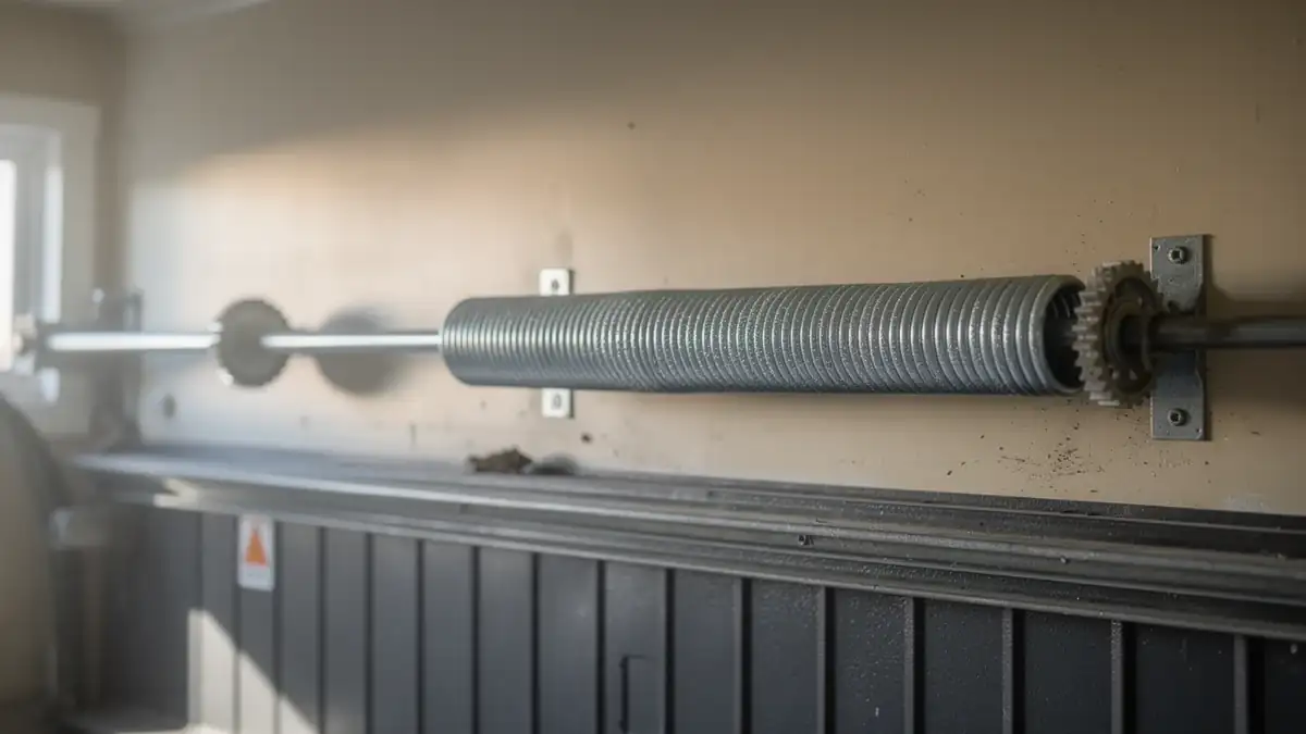 A torsion spring and shaft are mounted above a garage door.